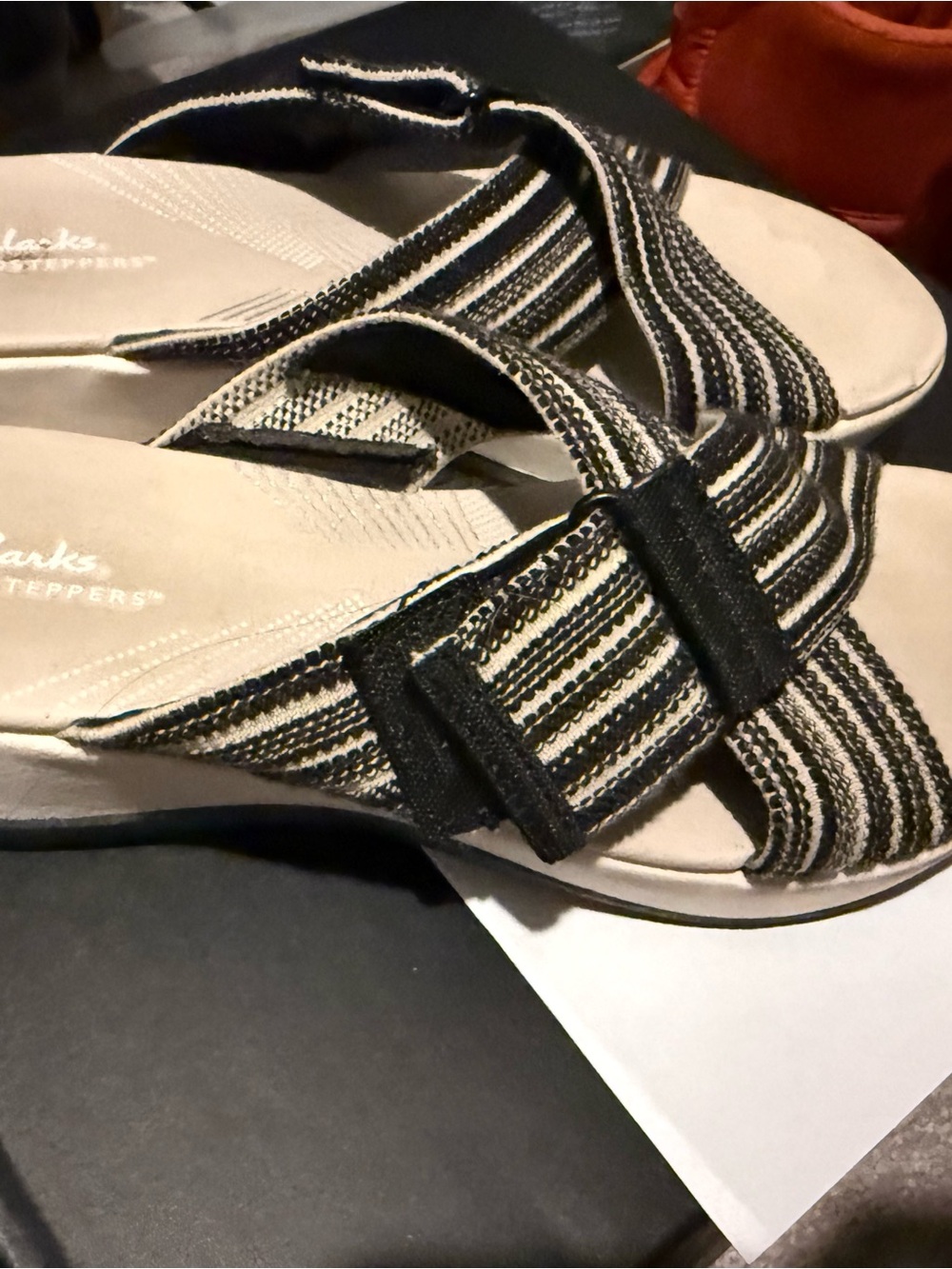 Clarks Women's Black and Cream Striped Comfort Sandals